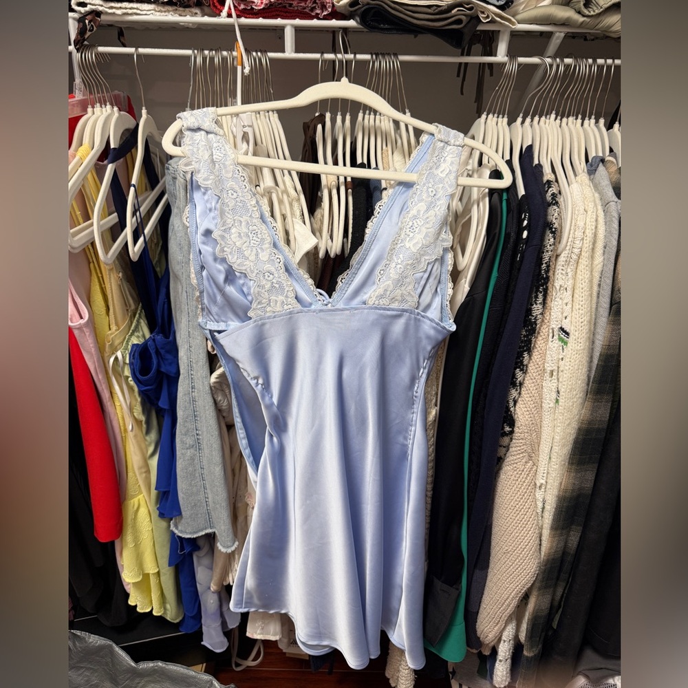 Princess Polly Light Blue Satin Lace-Trim Slip Dress - Picture 4 of 5
